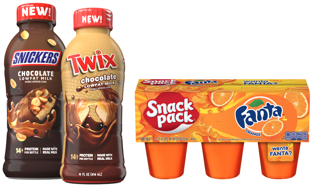 Snickers and Twixx chocolate milk and Fanta Snack Pack jello