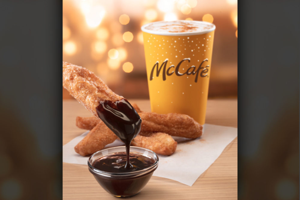 McCafe Cinnamon Cookie Latte and Donut Sticks with chocolate sauce, McDonald's