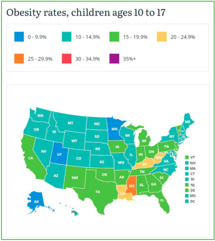 Childhood obesity rates map, Robert Wood Johnson Foundation