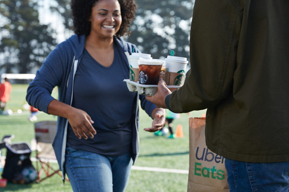 Starbucks Uber Eats delivery at a soccer game