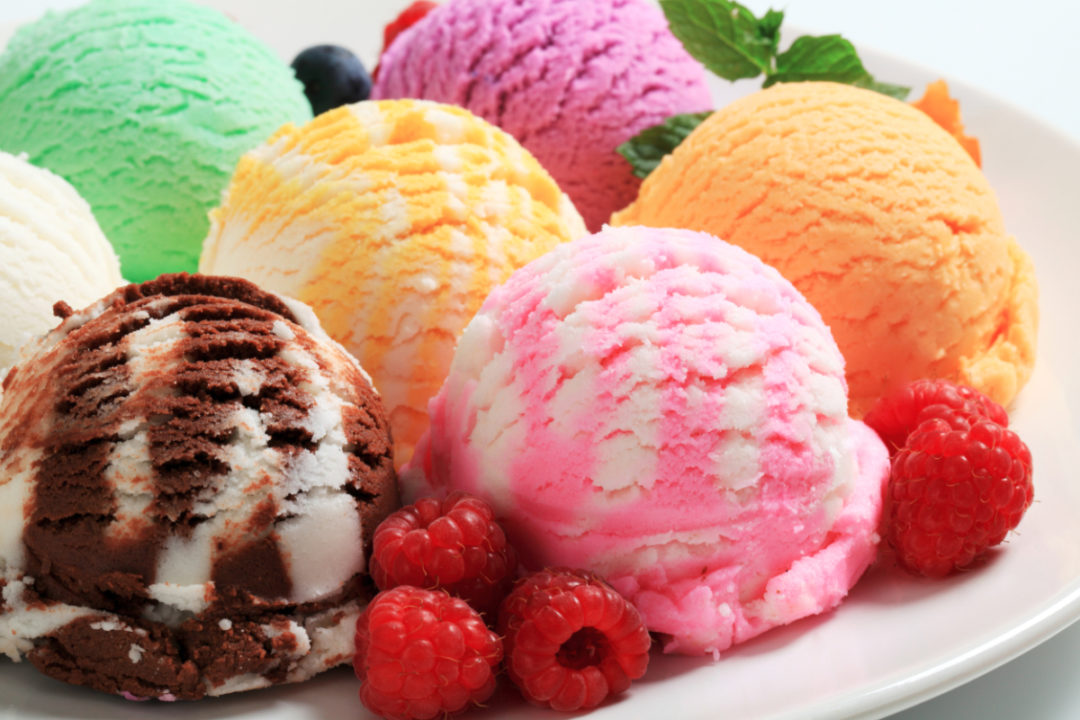 Scoops of various flavors of ice cream