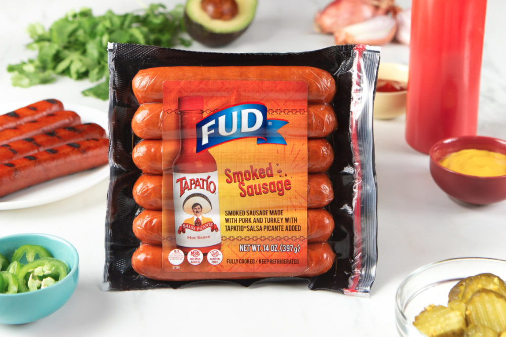 FUD smoked sausage with Tapatio hot sauce, Sigma Alimentos
