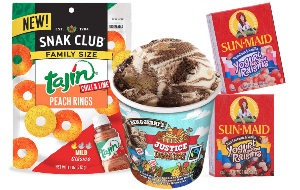 Products featuring flavor mashups from Unilever, Sun-Maid and Century Snacks