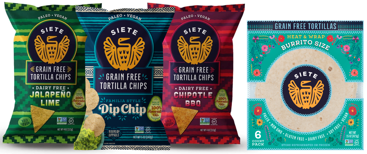 Siete Family Foods Grain Free Dip Chips, Jalapeño Lime Tortilla Chips, Chipotle BBQ Tortilla Chips and Grain Free Burrito-Size Tortillas