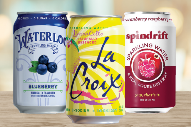 Waterloo Sparkling Water, La Croix sparkling water and Spindrift sparkling water