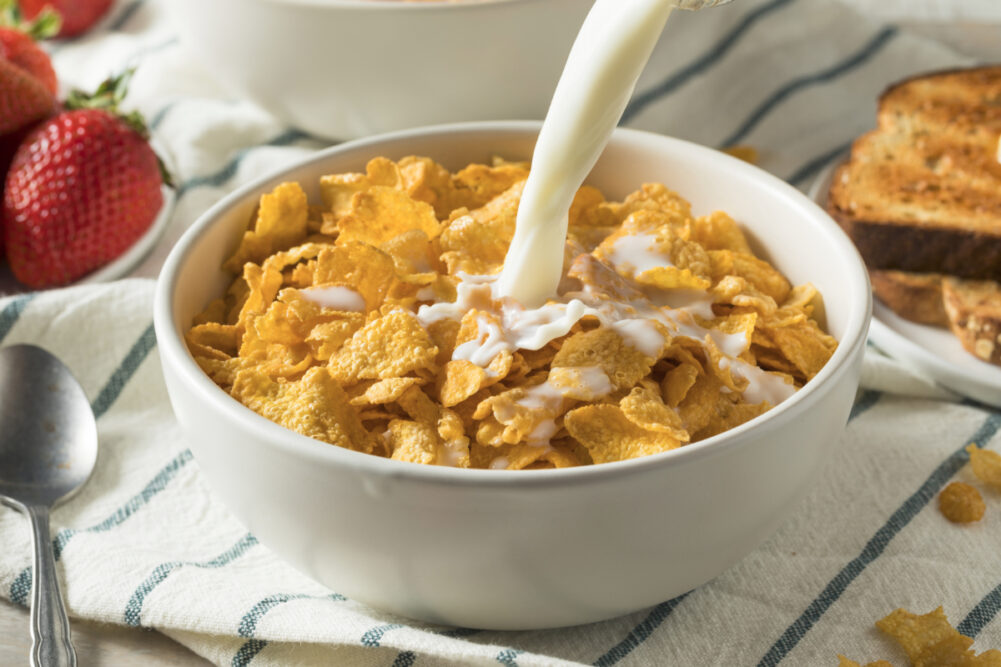 Bowl of corn flakes cereal