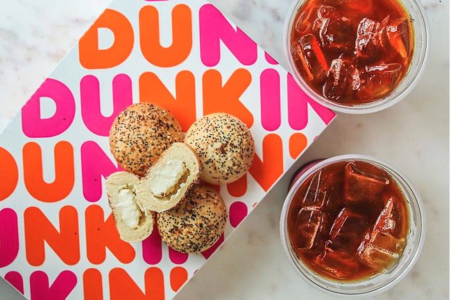 Dunkin' stuffed bagel minis and iced coffee