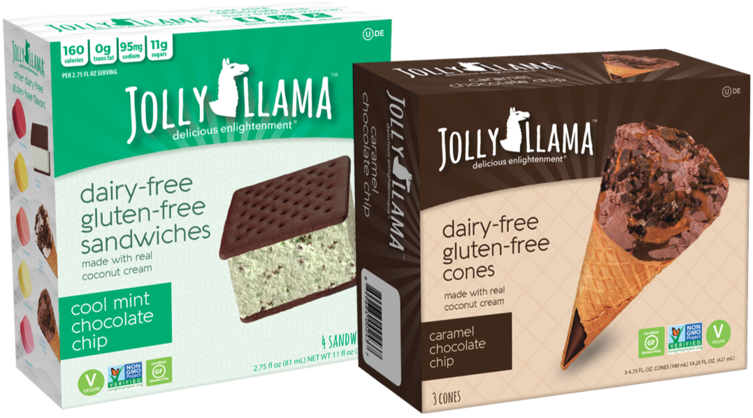 Jolly Llama dairy-free ice cream sandwiches and cones