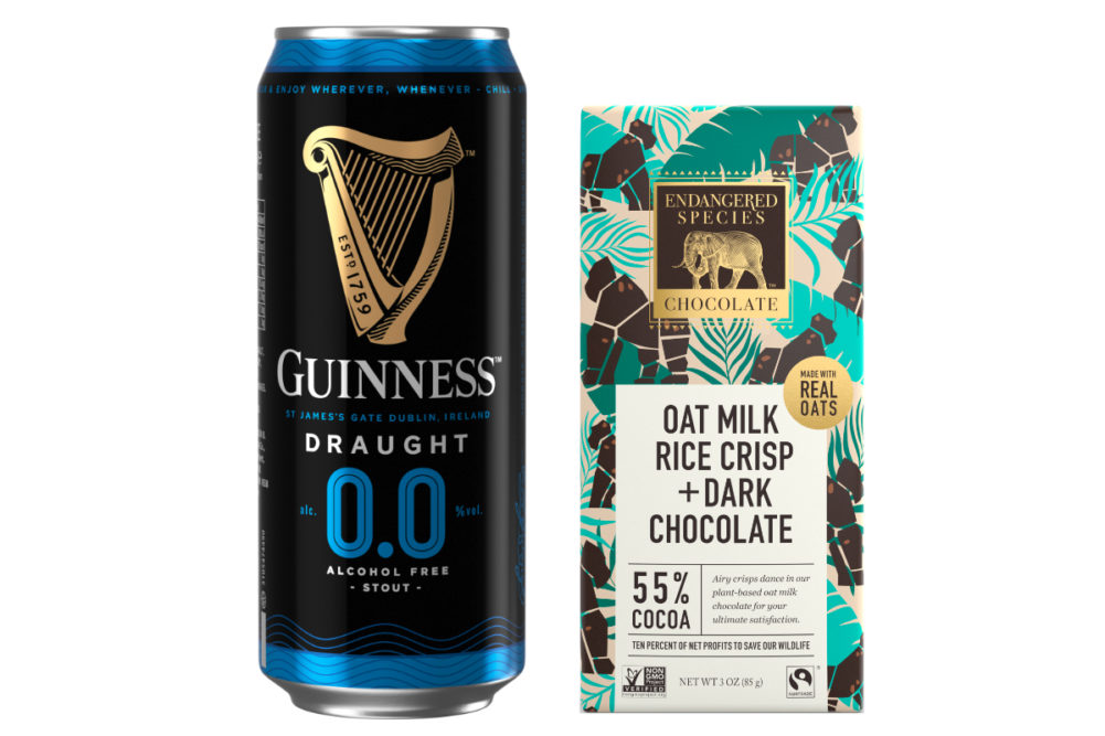 Guinness zero-proof beer and Endangered Species oat milk chocolate bar