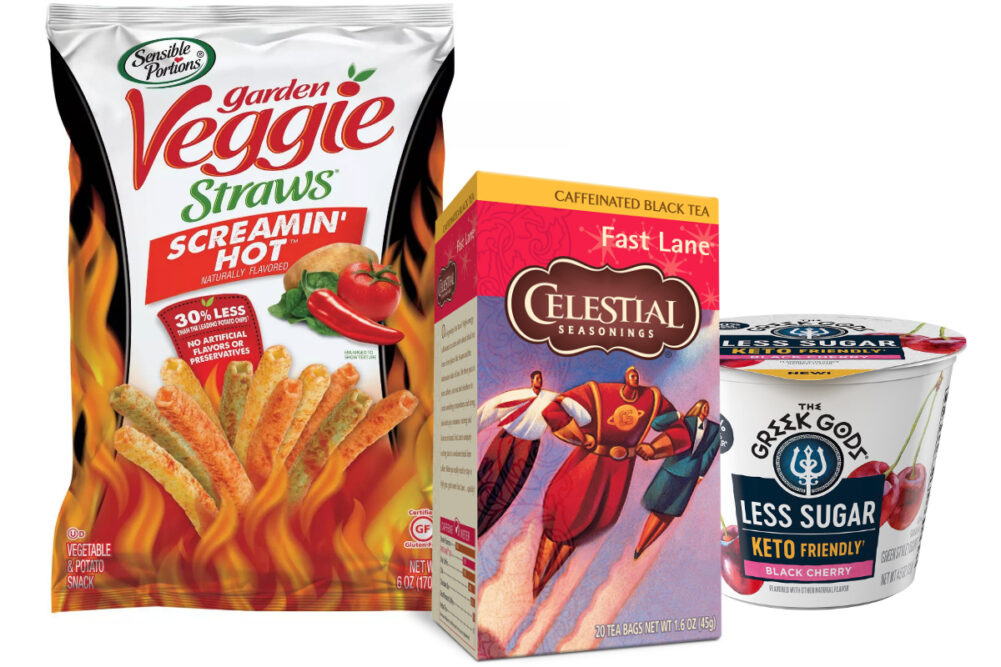 Hain Celestial new products: highly caffeinated Celestial Seasonings tea, keto-friendly Greek Gods yogurt and Screamin’ Hot Sensible Portions Veggie Straws