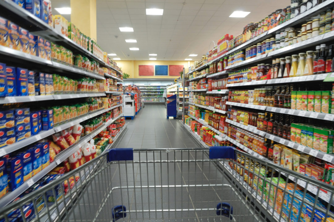 Packaged foods in grocery store aisle