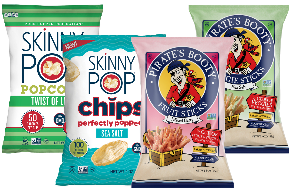 SkinnyPop et pirate’s Booty snacks