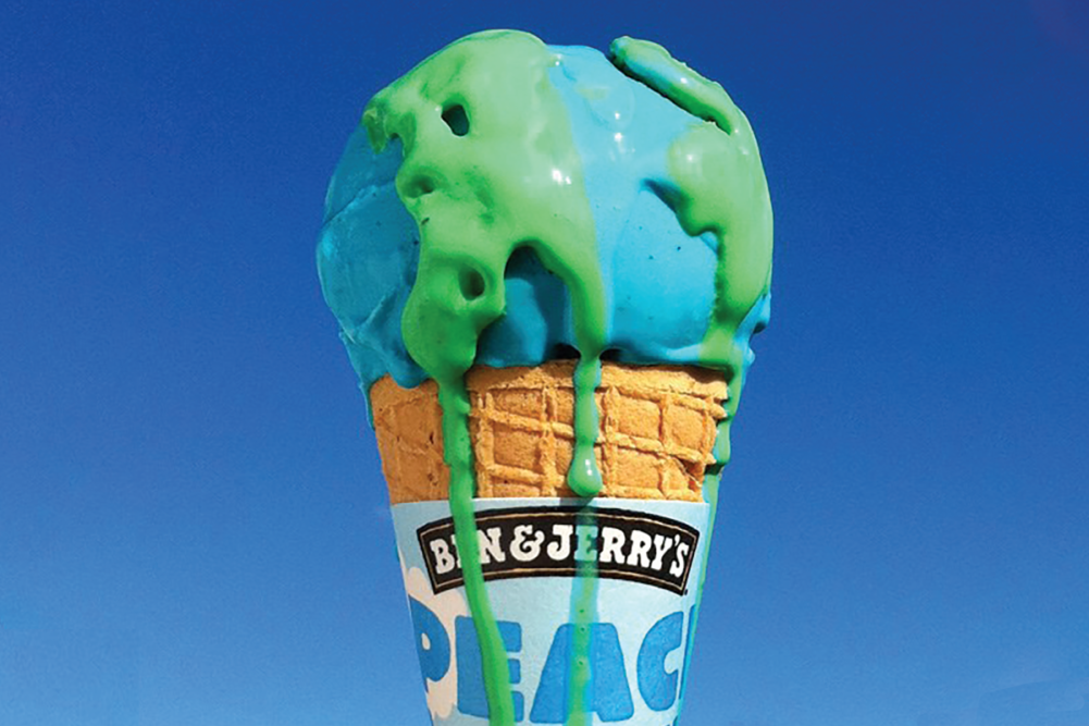 Ice cream cone resembling earth with Ben & Jerry's logo