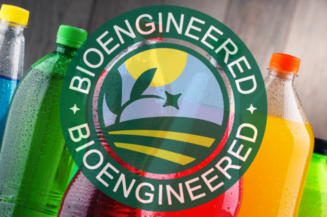 Bioengineered label over bottled beverages
