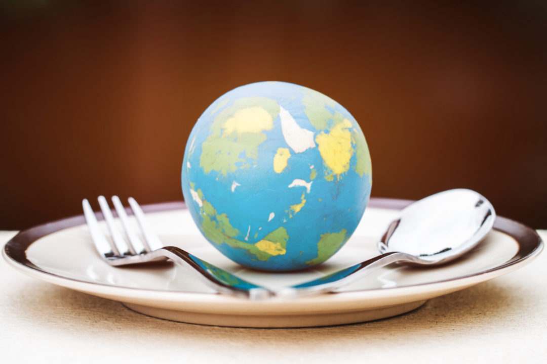 Globe on plate with fork and spoon