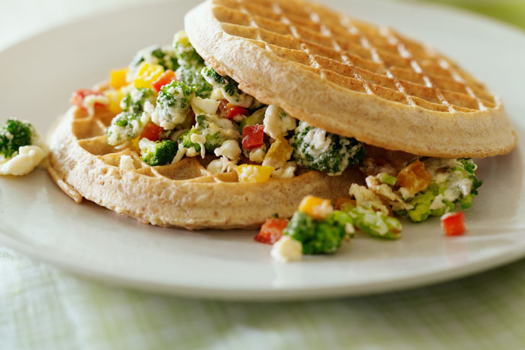 Eggo Mini Homestyle Waffles loaded with savory toppings