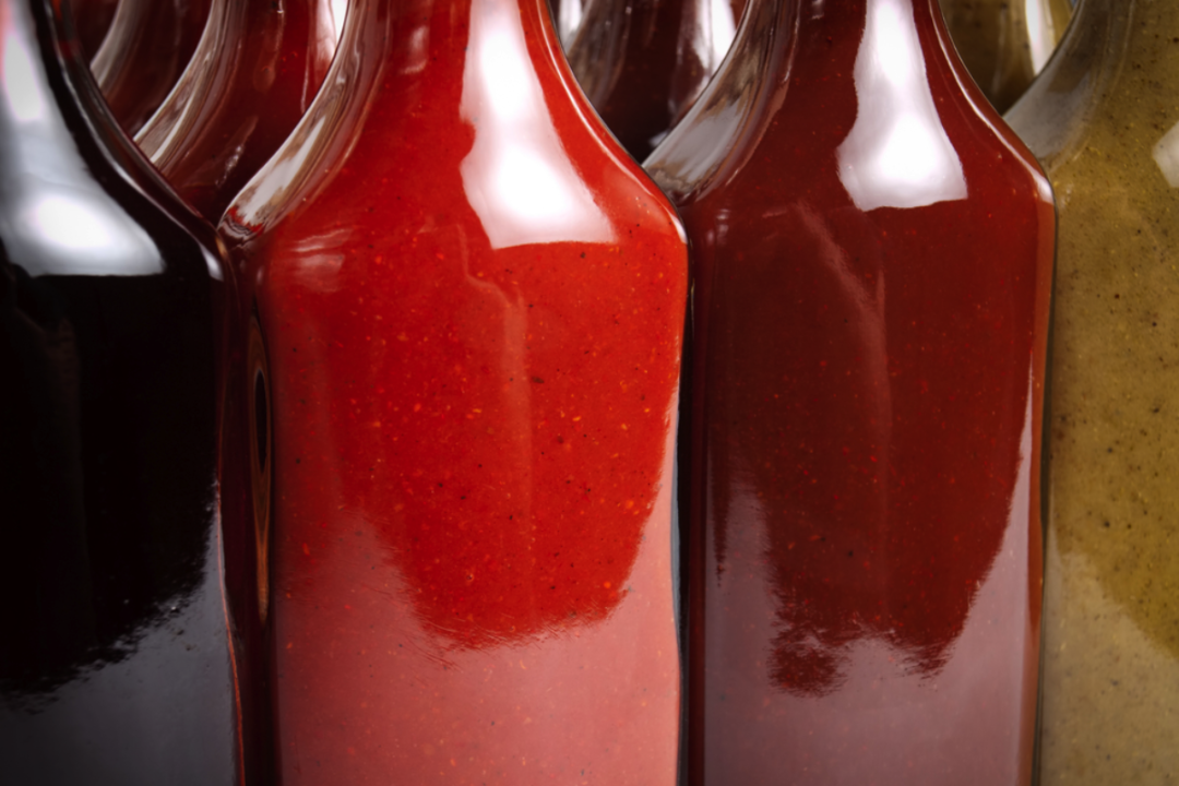 Sauces in clear bottles