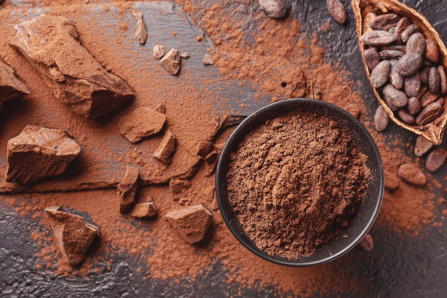 Cocoa beans, pods and powder