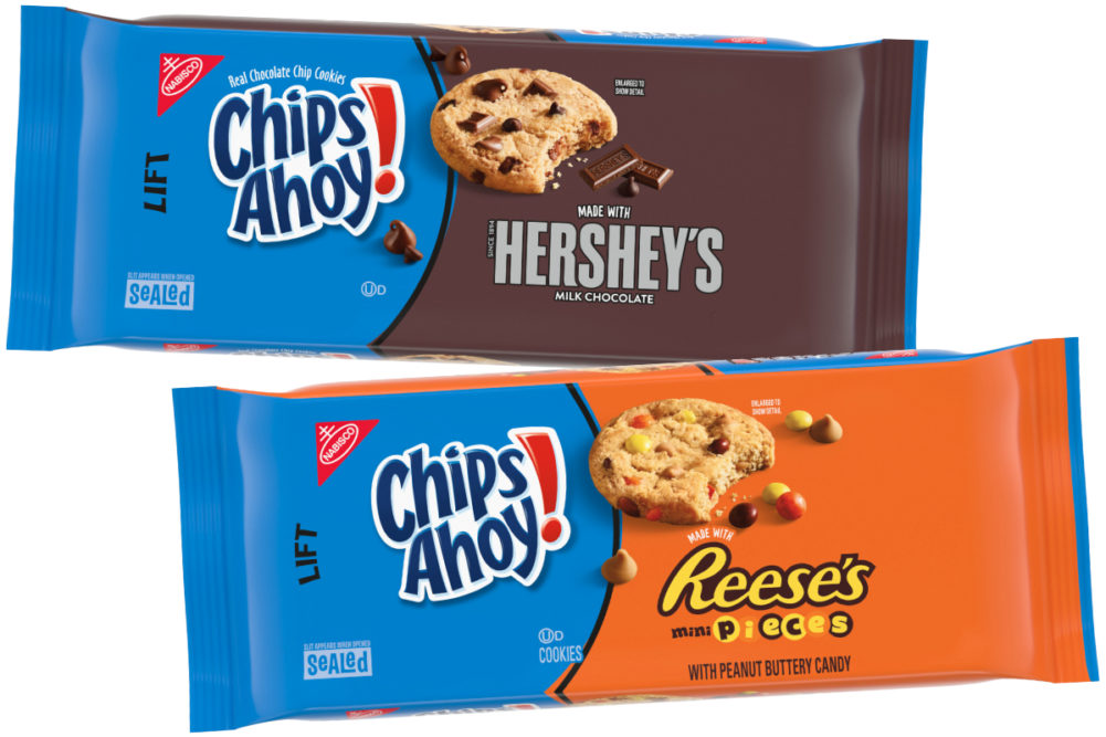 Chips Ahoy! made with chunks of Hershey’s Milk Chocolate and Chips Ahoy! made with mini Reese’s Pieces
