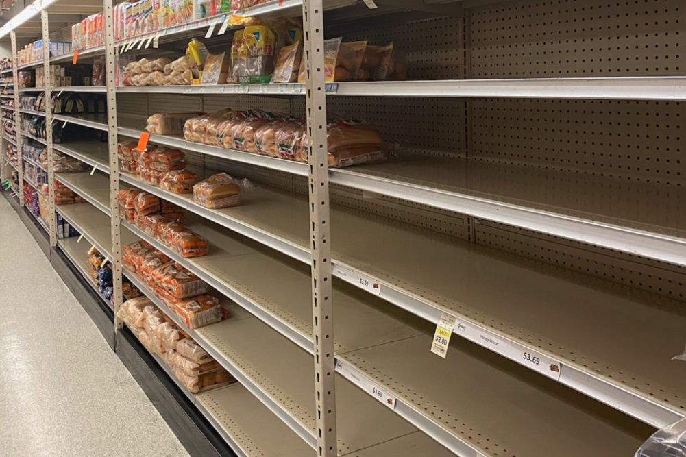 Empty bread shelves in Graul’s Market, Timonium, Maryland