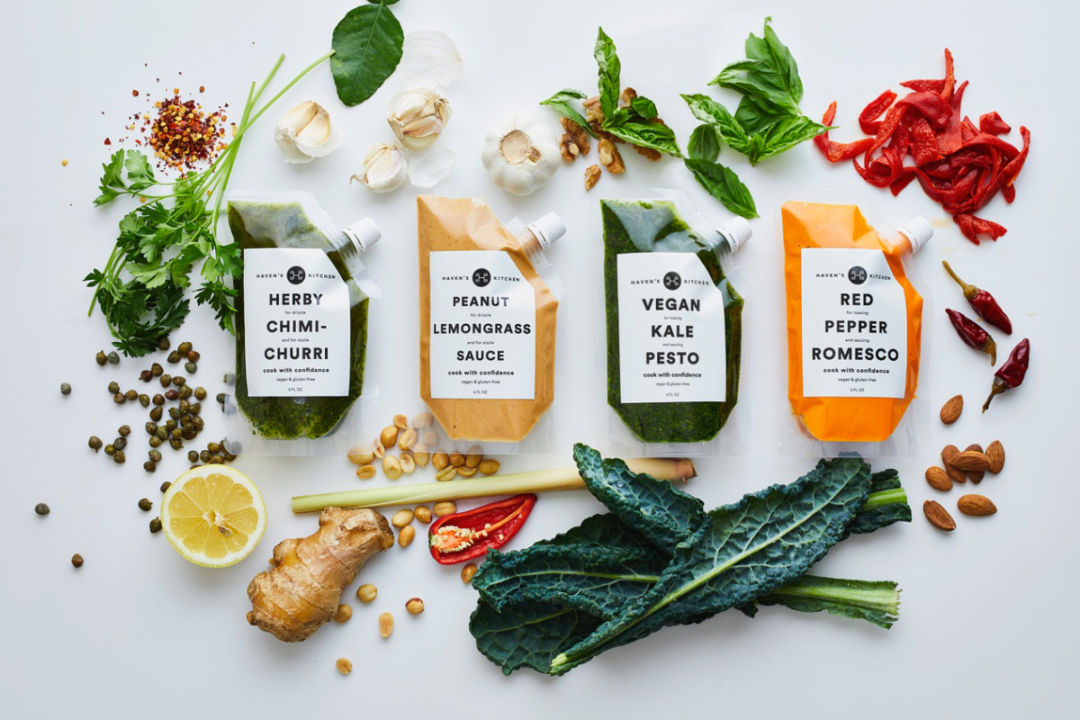 Haven’s Kitchen's globally inspired sauces packaged in transparent squeezable pouches.