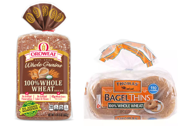 Oroweat 100% whole wheat bread and Thomas' 100% whole wheat bagel thins