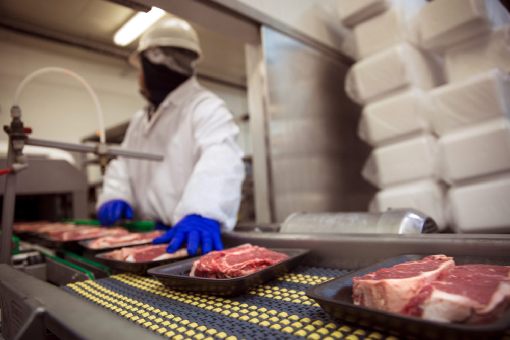 Meat line worker wearing gloves and mask