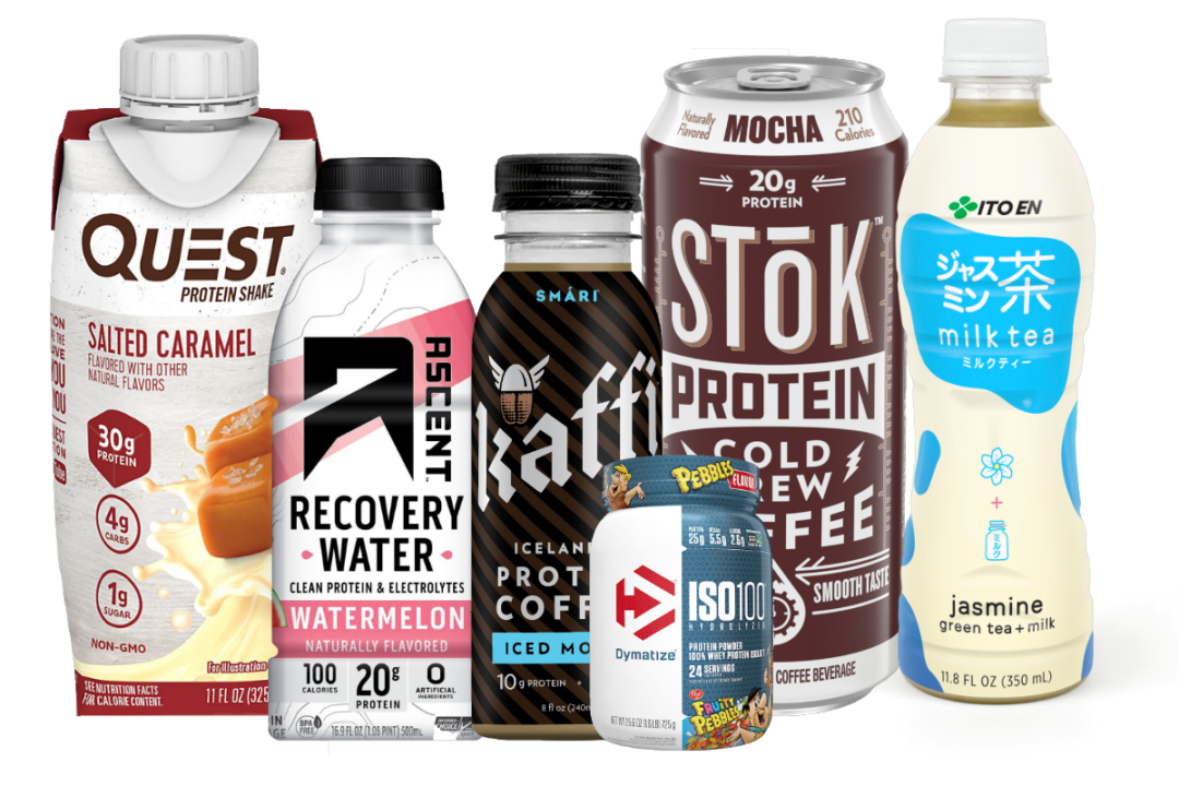 Quest protein shake, Ascent Recovery Water, Kaffi protein coffee, ISO100 protein powder, Stok cold brew coffee, Ito En milk tea