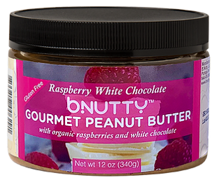 BNutty gourmet peanut butter with organic raspberries and white chocolate