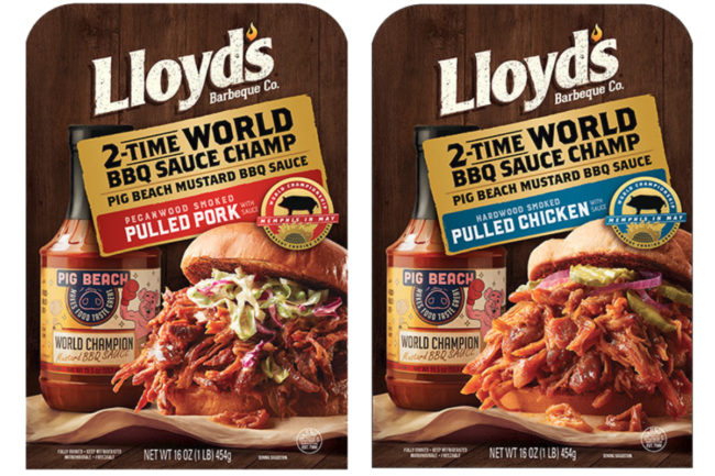 Lloyd's pecanwood smoked pulled pork and hickory hardwood smoked pulled chicken made with Pig Beach Mustard BBQ Sauce
