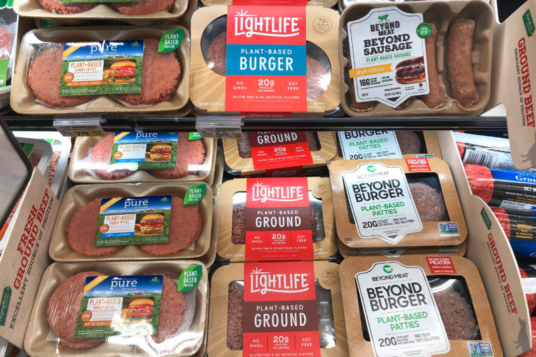 Plant-based meat case in grocery store