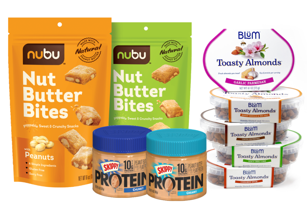 Nubu Nut butter bites, Skippy protein peanut butter, Blum toasty almonds
