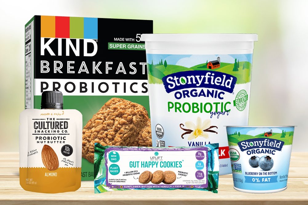 Kind breakfast bars with probiotics, The Cultured Snacking Co. probiotic nut butter, Uplift gut happy cookies, Stoneyfield Organic probiotic yogurt