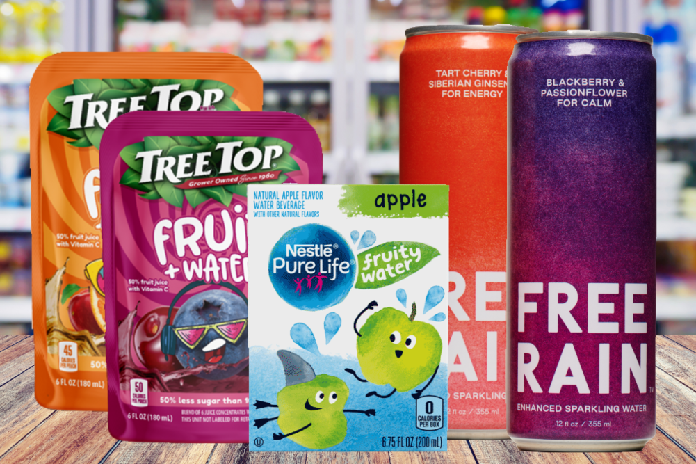 Nestle Pure Life Fruity Waters, Tree Top Fruit+Water beverages and Free Rain sparkling waters