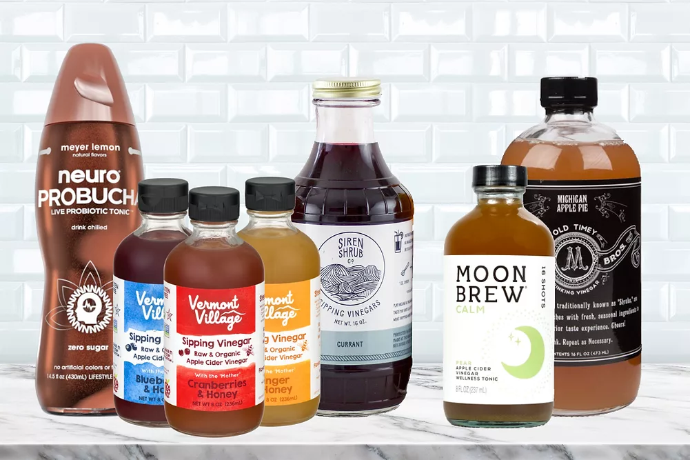 Nuero ProBucha, three Vermont Village sipping vinegars , Siren Shrub sipping vinegar, Mind your Manna Moon Brew, McClary Bros. apple pie vinegar