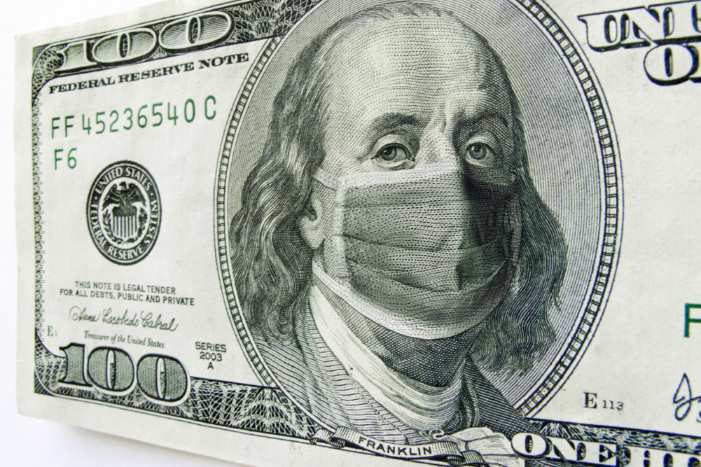 photo illustration of Ben Franklin wearing a healthcare surgical mask on a one hundred dollar bill