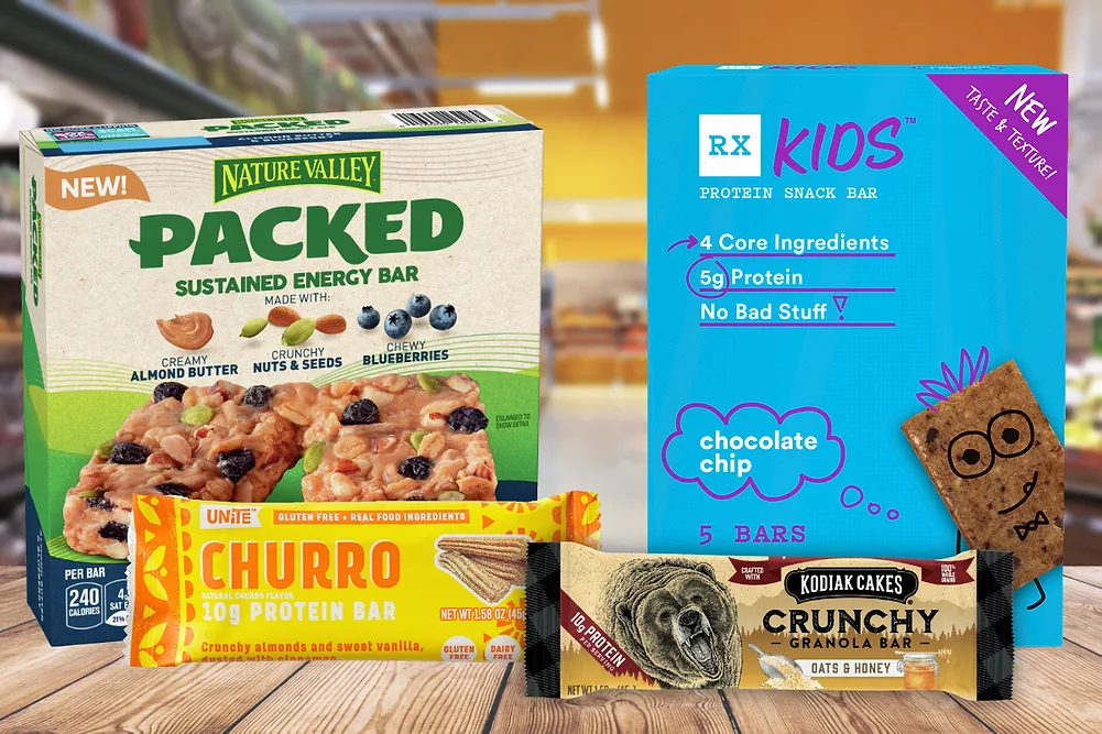 General Mills' Nature Valley Packed Bar, Kodiak crunchy granola bar, Unite Foods Churro snack bar and RXBar's RXKids protein bars