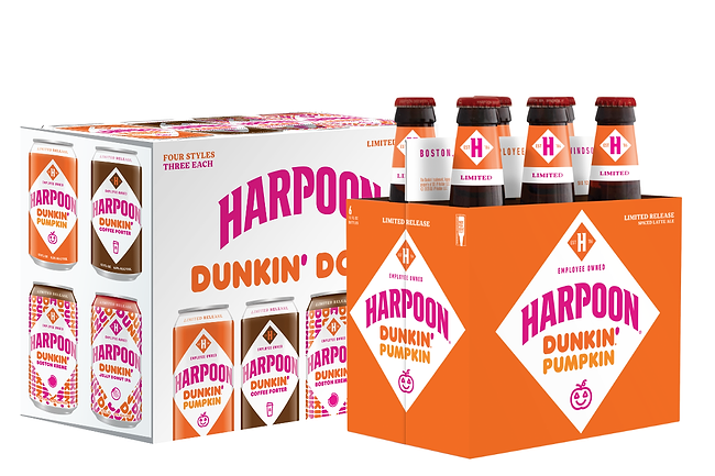 Dunkin' Harpoon beer bottles and cans