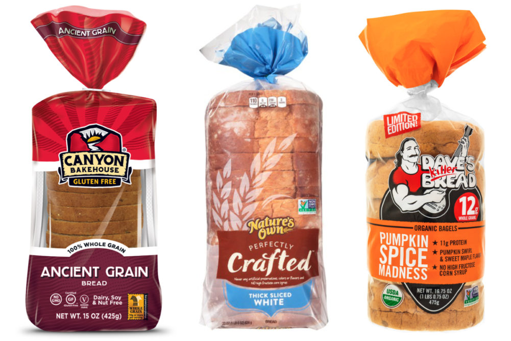 Canyon Bakehouse gluten-free bread, Nature's Own thick sliced white bread, Dave's Killer Bread pumpkin spice bagels