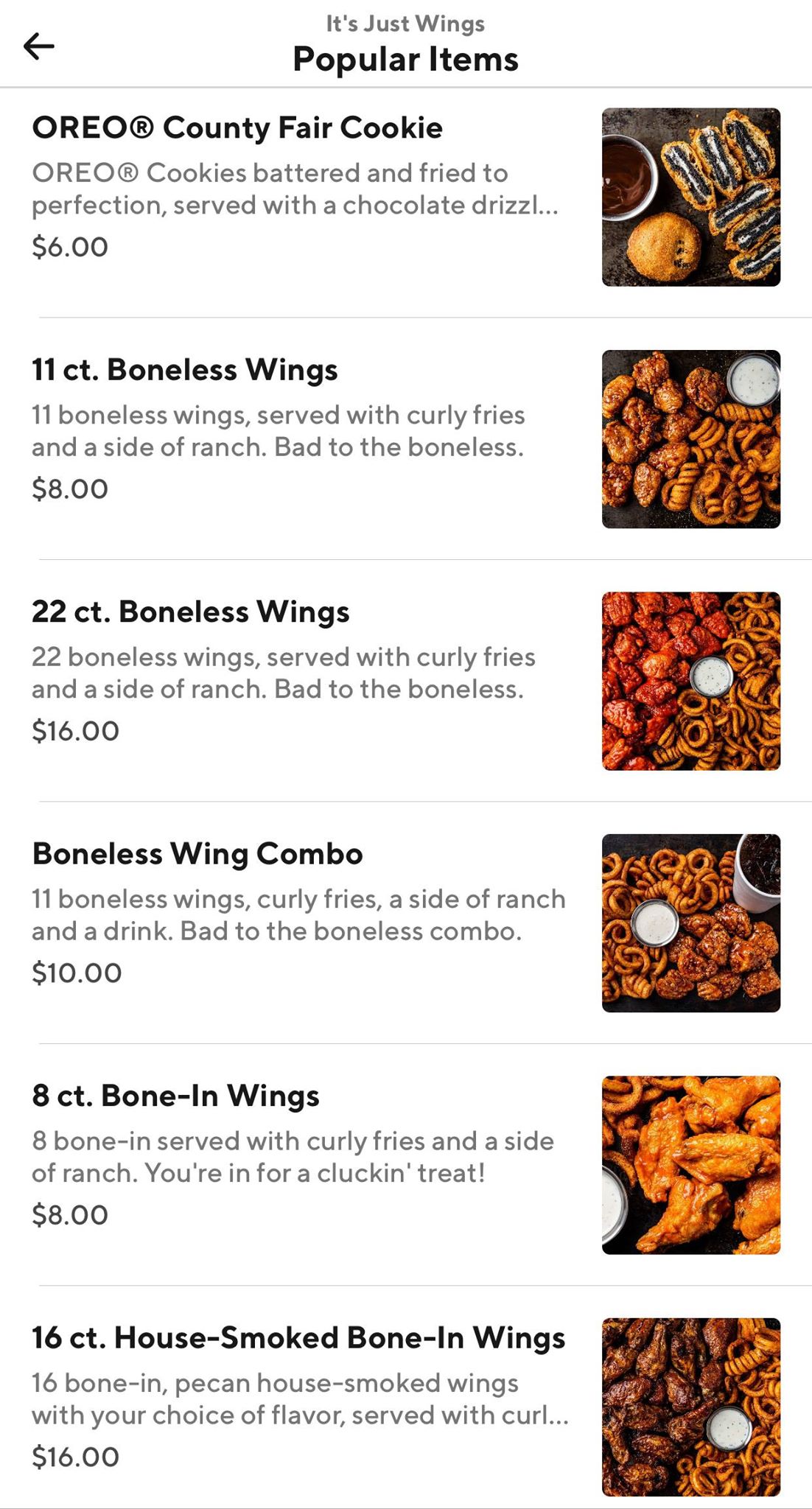 Brinker's It's Just Wings menu on DoorDash