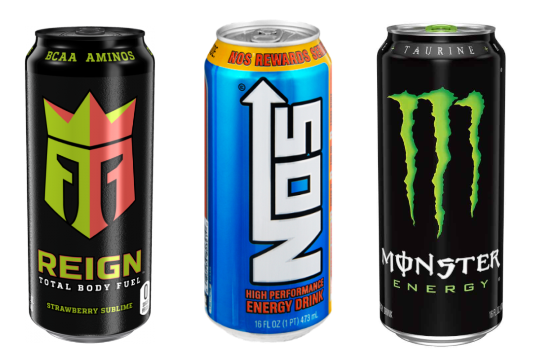 Monster Energy drink, NOS energy drink and Reign Total Body Fuel