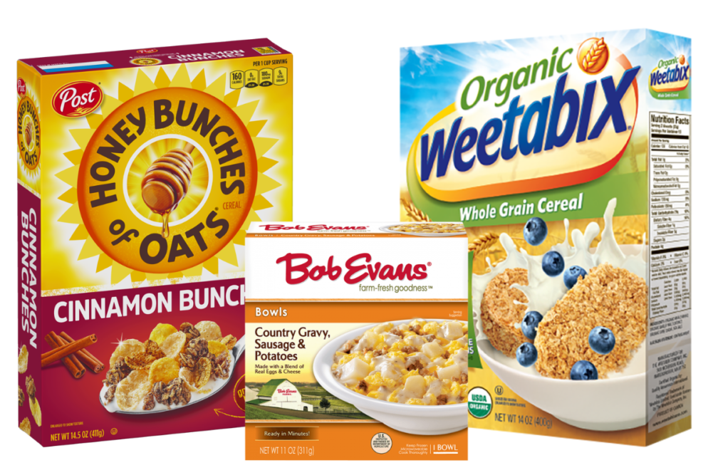 Post Holding's Honey Bunches of Oats cereal, Bob Evans country gravy, sausage and potato bowl and organic Weetabix whole grain cereal