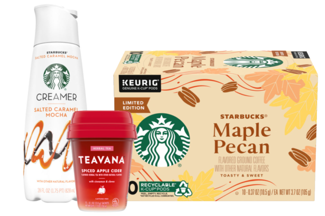 Starbucks' and Nestle's salted caramel mocha creamer, Spiced Apple Cider Teavana tea and Maple Pecan coffee
