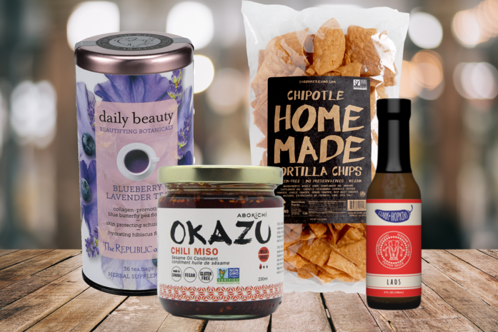 The Beautifying Botanicals Daily Beauty Tea,The Chili Miso Condiment from Abokichi Okazu, Laos hot sauce from Clark and Hopkins and Sabor Mexicano Inc.'s Home Made Chipotle Tortilla Chips