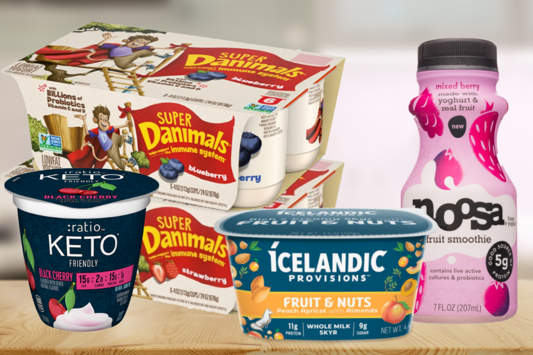 ratio keto-friendly yogurt, Super Danimals yogurt, Icelandic Provisions Fruit and Nut snack, noosa yoghurt fruit smoothies