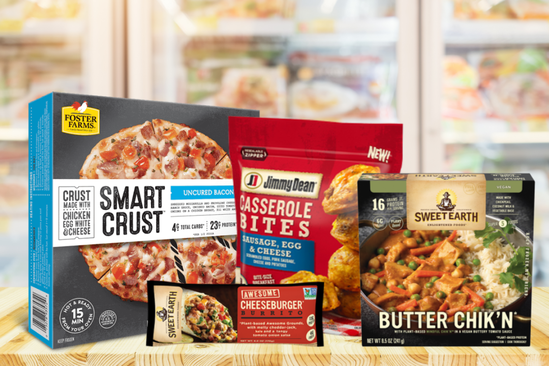 Foster Farms smart crust pizza, Jimmy Dean breakfast casserole bites, Sweet Earth Foods frozen entrees