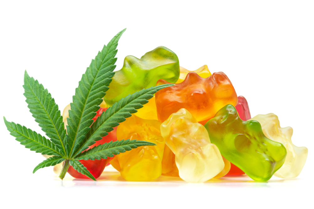 Candies Infused with CBD or THC, with Cannabis Leaf Isolated on White Background