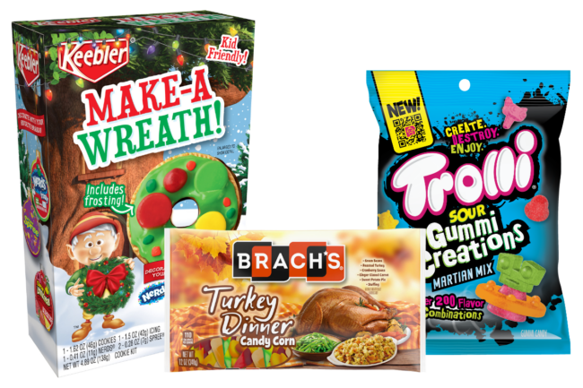 Ferrera Candy Co. Keebler wreaths, Brachs turkey dinner candy corn & trolli gummy creations