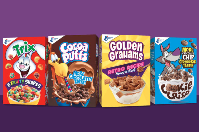 General Mills retro Cocoa Puffs, Golden Grahams, Cookie Crisp and Trix cereals