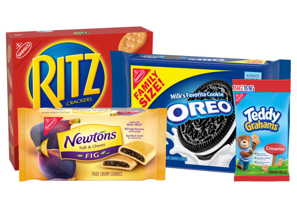 Ritz Crackers, Newton cookies, Oreo cookies and Teddy Graham biscuits